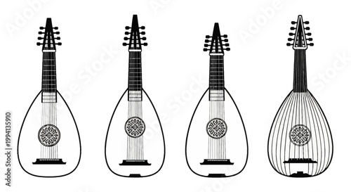 Set of four black and white lute illustrations showing front views of classical stringed musical instruments with detailed rosettes, pegboxes, and strings on a white background.