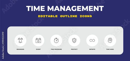 outline time management icons set - reminder, event, time pressure. editable vector for web and mobile ui