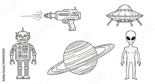 Hand-drawn black outline vector set of retro sci-fi icons including a humanoid alien, vintage robot, ray gun blaster, flying saucer UFO, and a ringed planet like Saturn on white background.