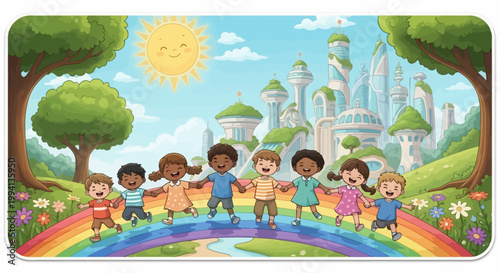 Joyful Children Standing Together on a Rainbow in a Cartoon Illustration.