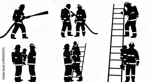 Black firefighter silhouettes with white reflective gear stripes including firemen using hoses, climbing ladders, and rescuing children isolated on white background.
