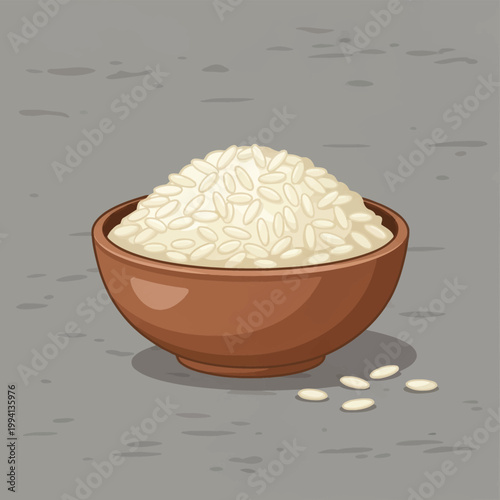 Vector illustration of a small brown clay bowl overflowing with uncooked white long-grain rice, featuring individual grains on a textured gray background in a clean cartoon style.