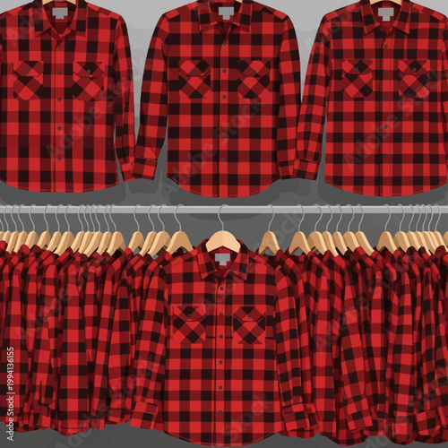 Multiple red and black checkered flannel shirts for men or women hanging on a rack in a retail shop or thrift store, long sleeves with button pockets vector graphic illustration.