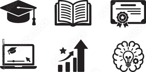Collection of education and learning icons including graduation cap and certificate Isolated on white background