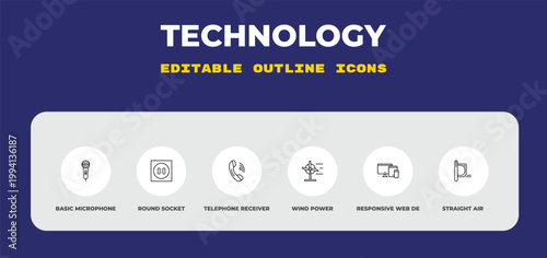 outline technology icons set - basic microphone, round socket, telephone receiver. editable vector for web and mobile ui