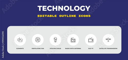 outline technology icons set - elements, ventilating fan, ecologic bulb. editable vector for web and mobile ui