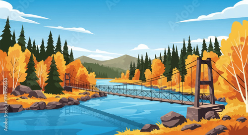 Vector illustration of a suspension footbridge crossing a blue river in an autumn mountain landscape with colorful yellow and orange fall foliage, evergreens, and riverbank rocks.