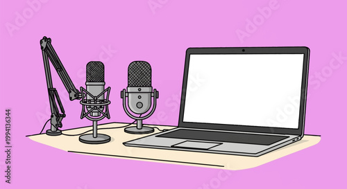 Illustration of a home studio desk featuring two professional microphones, a black adjustable boom arm, and an open laptop with a blank white screen against a pink background.