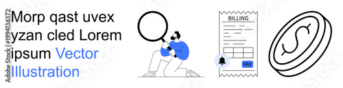 Financial management, data analysis, payment processing, business services, accounting, and bill review. Person examining with magnifying glass. Financial management and data analysis concept