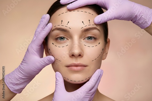 Cosmetic Surgery Facial Mapping and Plastic Surgeon Hands with Gloves Planning Face Lift for Patient