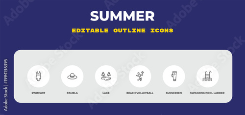 outline summer icons set - swimsuit, pamela, lake. editable vector for web and mobile ui