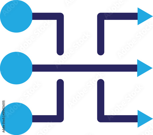 Abstract diagram with three input circles and three output arrows connected by blue lines
