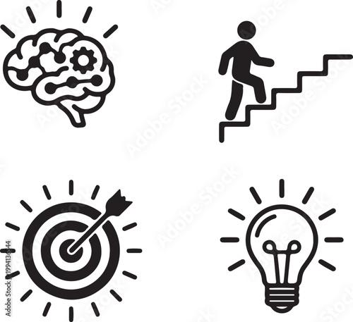 Conceptual icons representing idea generation career progression goal achievement and innovation Isolated on white background