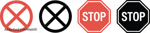 Empty prohibition sign set, vector illustration of blank red circle no symbols and stop octagon signs for traffic regulation and editable signage design.