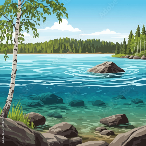 Clear lake water showing submerged rocks and surface ripples, a birch tree on the rocky shore, a large boulder, and a dense forest background under a blue sky with clouds.