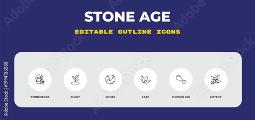 outline stone age icons set - stonehenge, plant, wheel. editable vector for web and mobile ui