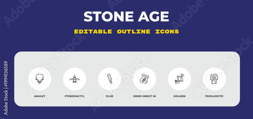 outline stone age icons set - amulet, pterodactyl, club. editable vector for web and mobile ui