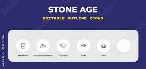outline stone age icons set - arthropod, venus of willendorf, mammoth. editable vector for web and mobile ui
