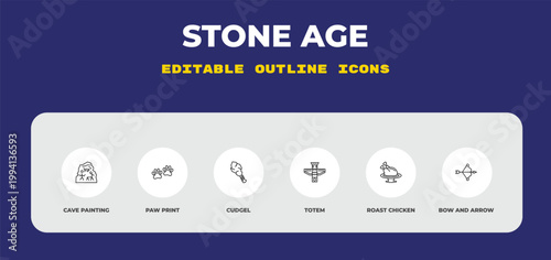 outline stone age icons set - cave painting, paw print, cudgel. editable vector for web and mobile ui