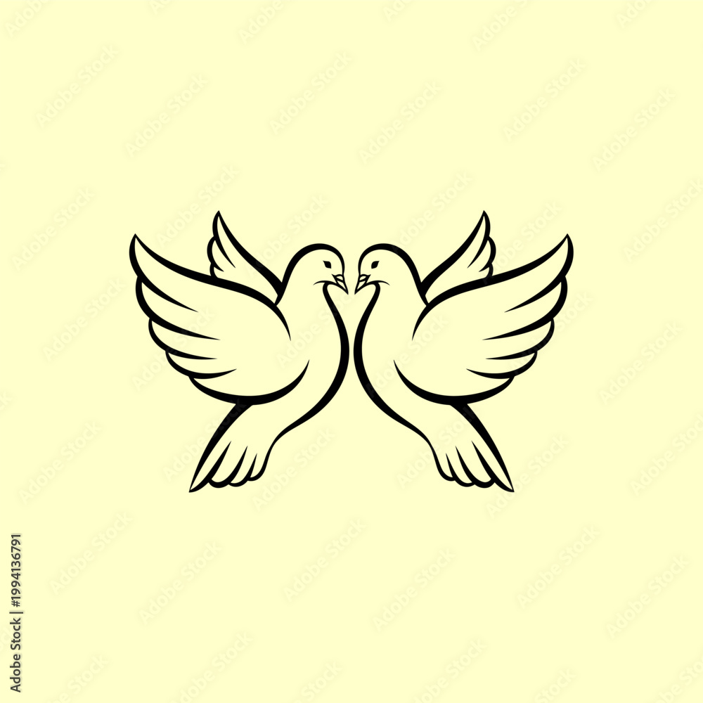 Fototapeta premium Two Doves in Flight Against a Pale Yellow Background - A Symbol of Peace, Love, and Harmony