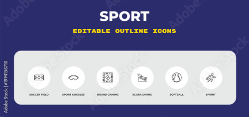 outline sport icons set - soccer field, sport goggles, board gaming. editable vector for web and mobile ui