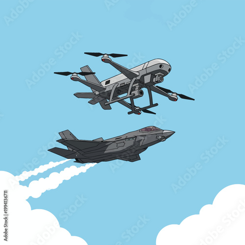 Vector illustration of an unmanned aerial vehicle quadcopter drone with surveillance sensors flying above a modern stealth fighter jet with contrails against a clear blue sky.