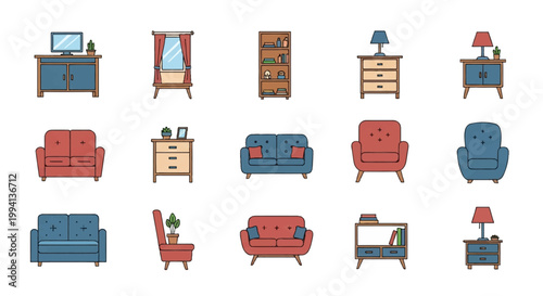 Collection of home furniture icons including sofas, armchairs, bookshelves, nightstands, lamps, a TV stand, and a window with curtains in a flat design style with bold outlines.