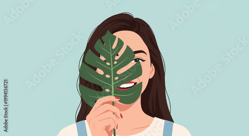 Vector illustration of a smiling young woman with long brown hair holding a large green monstera deliciosa leaf in front of her face, isolated on a plain teal background.