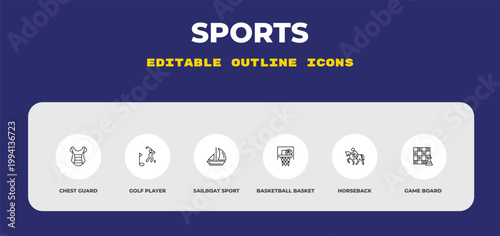 outline sports icons set - chest guard, golf player, sailboat sport. editable vector for web and mobile ui