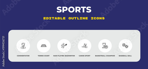 outline sports icons set - commentator, tennis court, man playing badminton. editable vector for web and mobile ui