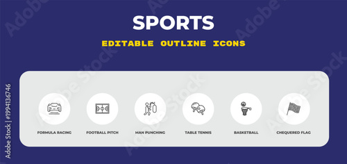 outline sports icons set - formula racing, football pitch, man punching. editable vector for web and mobile ui