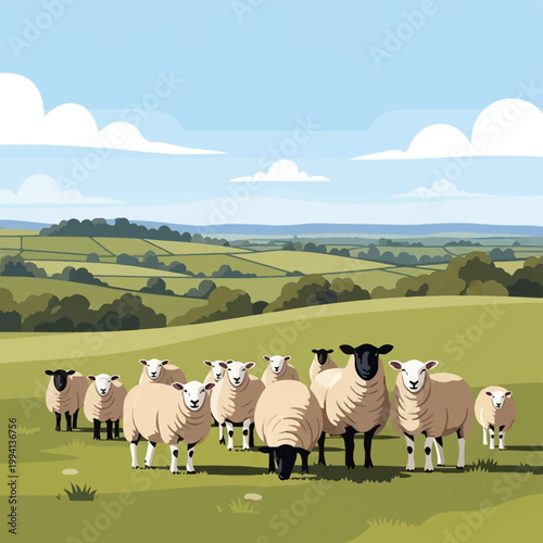 Flat vector illustration of a sheep flock grazing on a green meadow with rolling hills and farmland. Rural countryside landscape with fields and trees under a blue sky with clouds.