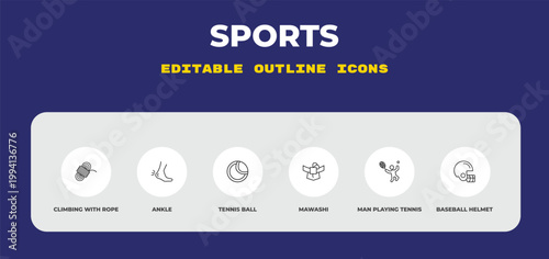 outline sports icons set - climbing with rope, ankle, tennis ball. editable vector for web and mobile ui