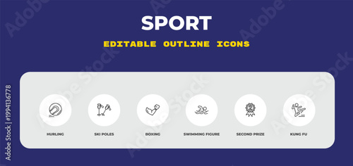 outline sport icons set - hurling, ski poles, boxing. editable vector for web and mobile ui