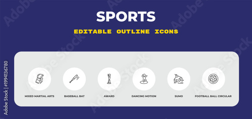 outline sports icons set - mixed martial arts, baseball bat, award. editable vector for web and mobile ui