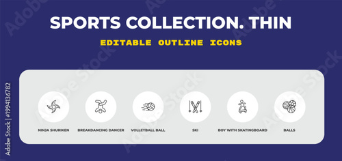 outline sports collection. thin icons set - ninja shuriken, breakdancing dancer, volleyball ball. editable vector for web and mobile ui
