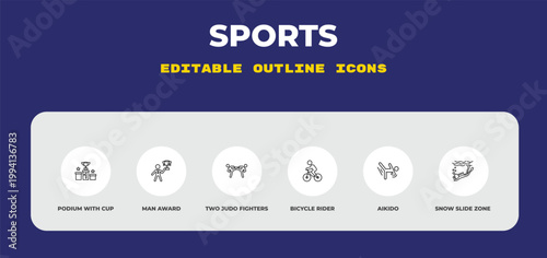 outline sports icons set - podium with cup, man award, two judo fighters. editable vector for web and mobile ui