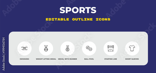 outline sports icons set - swimming, weight lifting medal, medal with number 1. editable vector for web and mobile ui