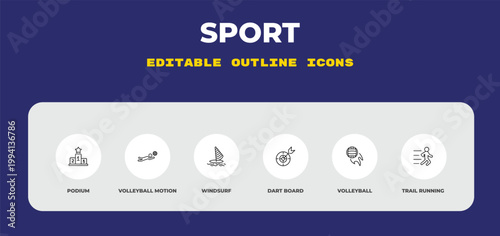 outline sport icons set - podium, volleyball motion, windsurf. editable vector for web and mobile ui