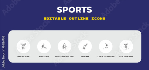 outline sports icons set - weightlifter, long jump, pedestrian walking. editable vector for web and mobile ui