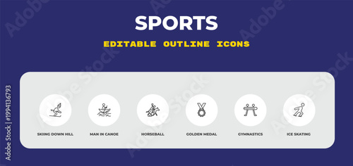 outline sports icons set - skiing down hill, man in canoe, horseball. editable vector for web and mobile ui