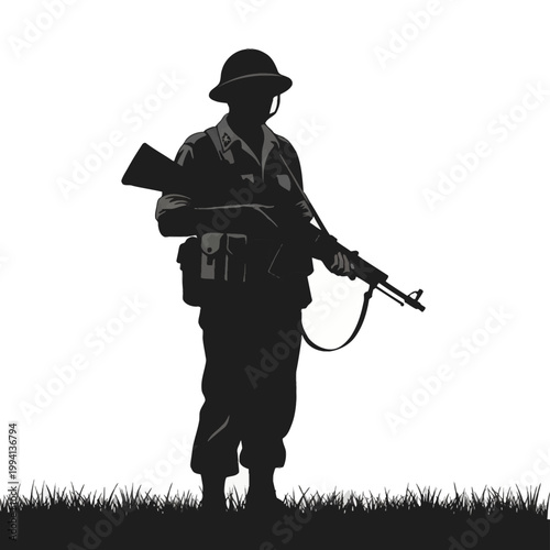Black and white silhouette of a vintage Australian soldier or ANZAC digger in uniform with a rifle and helmet, standing on a grass field against a white background, military memorial art.