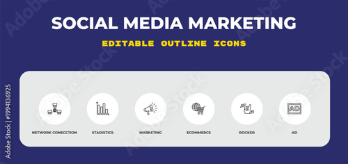 outline social media marketing icons set - network conecction, stadistics, marketing. editable vector for web and mobile ui