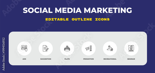 outline social media marketing icons set - ads, suggestion, flats. editable vector for web and mobile ui