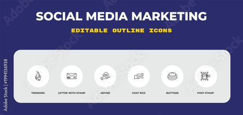 outline social media marketing icons set - trending, letter with stamp, advise. editable vector for web and mobile ui