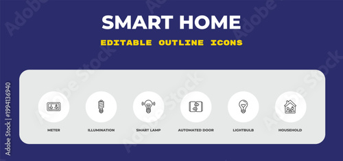 outline smart home icons set - meter, illumination, smart lamp. editable vector for web and mobile ui