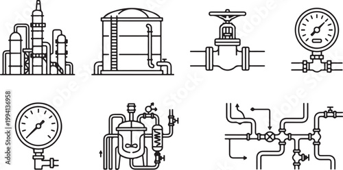 Industrial process equipment and piping system vector icons isolated on white background