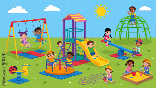 Vibrant Cartoon Kids Playing Happily on Colorful Playground Equipment with Swings Slide Seesaw Sandbox Under Bright Sunny Sky