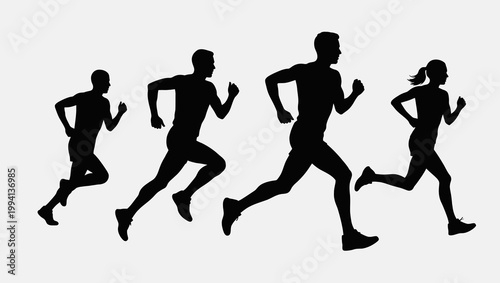 Silhouette Runners Group Sprinting Energetically in Dynamic Running Pose Minimalist Black Illustration