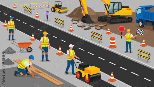 Road Construction Workers Repairing Asphalt with Excavator Roller Truck Traffic Cones and Safety Equipment in Isometric Cartoon Illustration